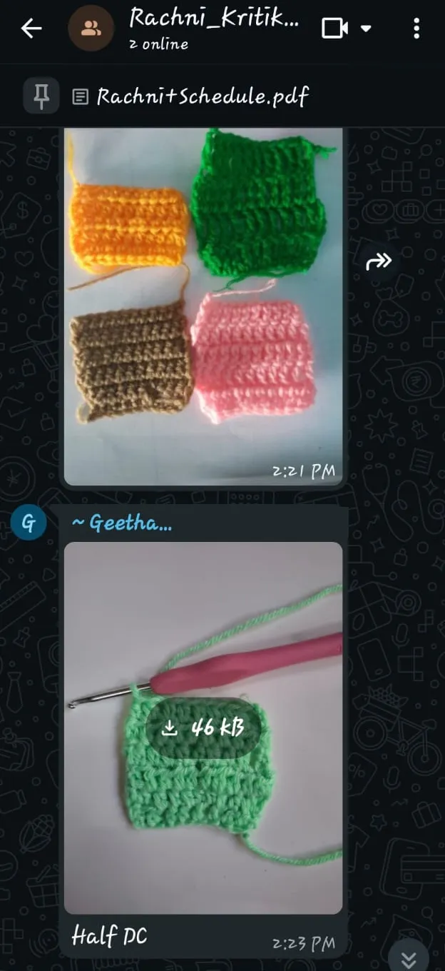 WhatsApp group chat: a student posts four stitch swatches, then a half double crochet sample