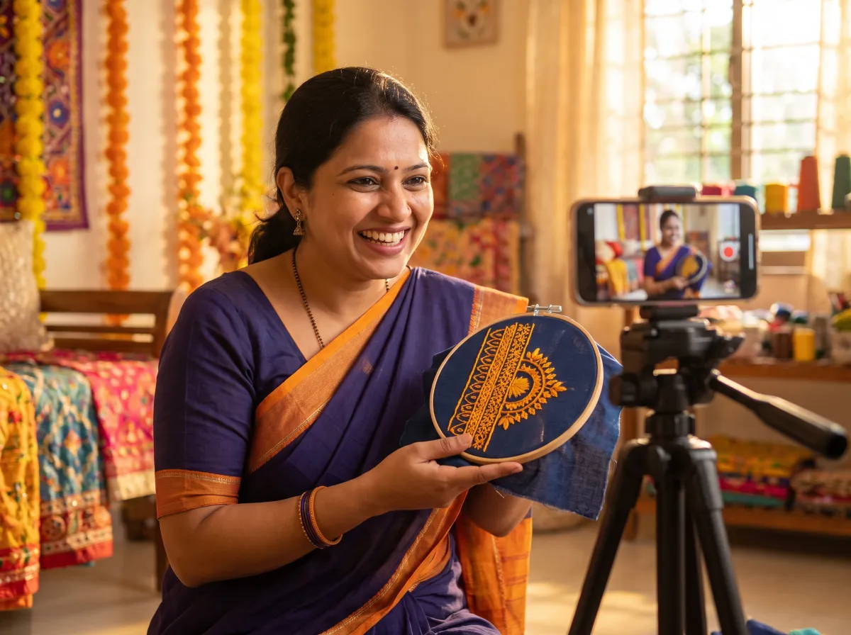 Woman teaching embroidery from home